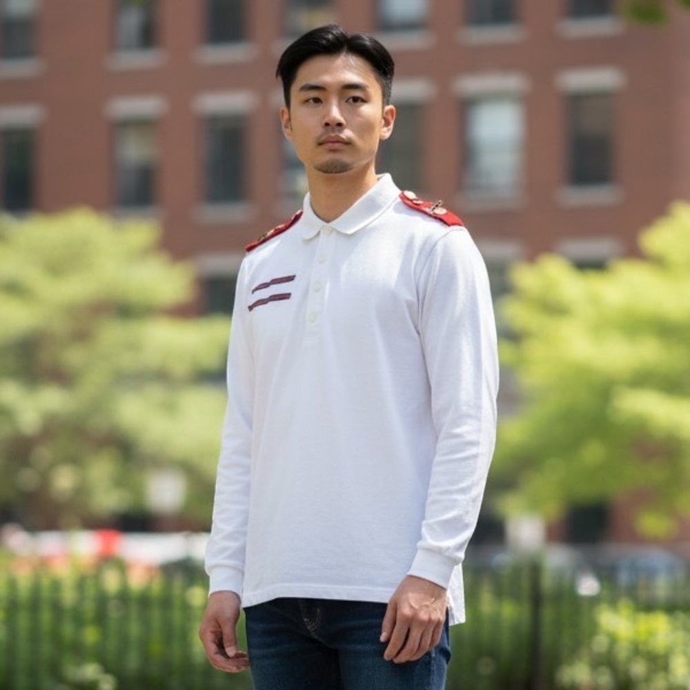 Vintage Long Sleeve Polo Mens Large White Cotton Epaulette Military Cadet Style
